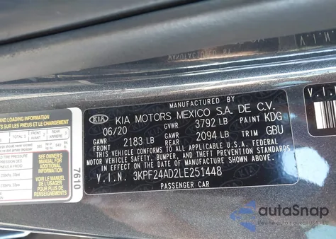 2020 Kia Forte Lxs из США, поврежденный, VIN 3KPF24AD2LE251448